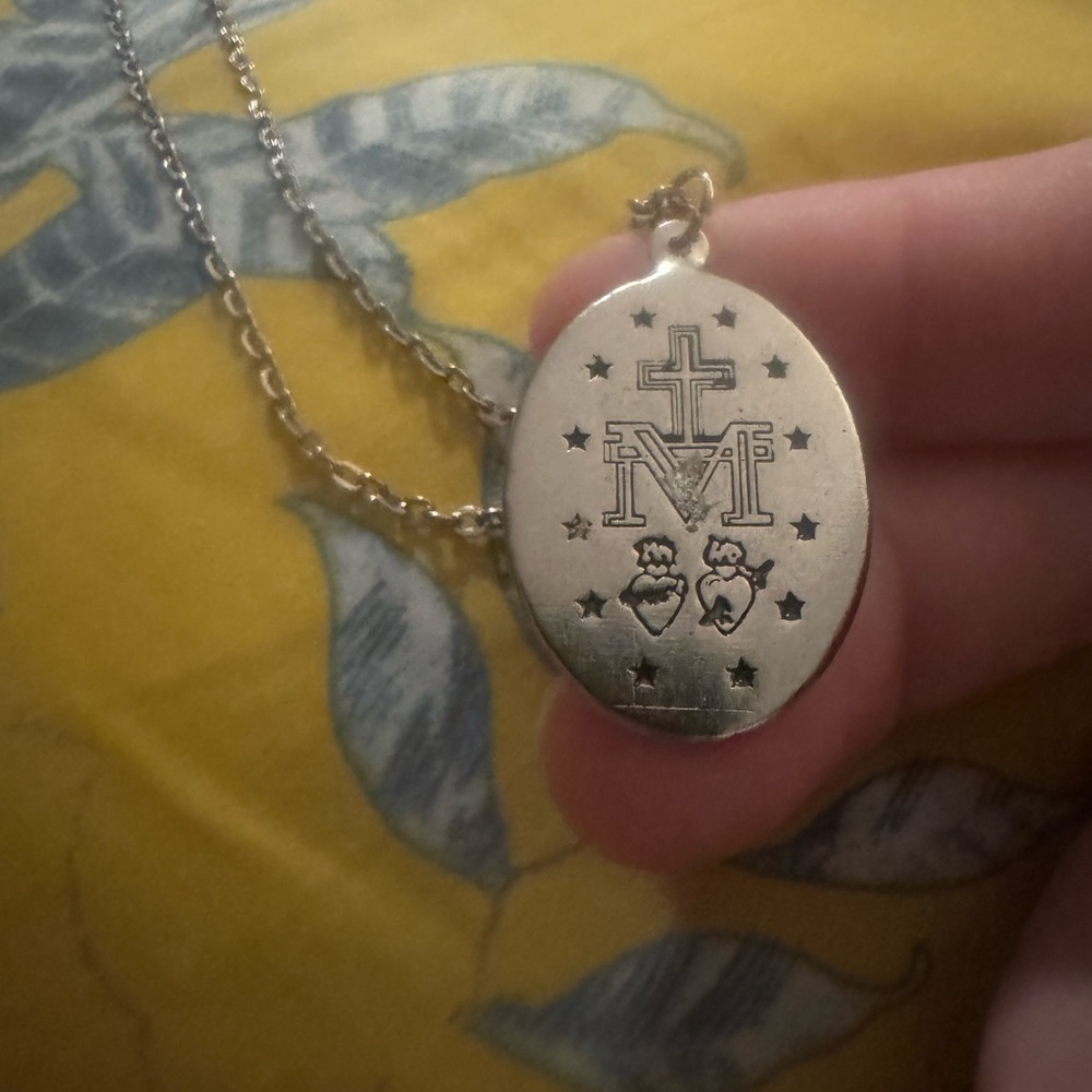 Silver-Tone Religious Oval Pendant Necklace